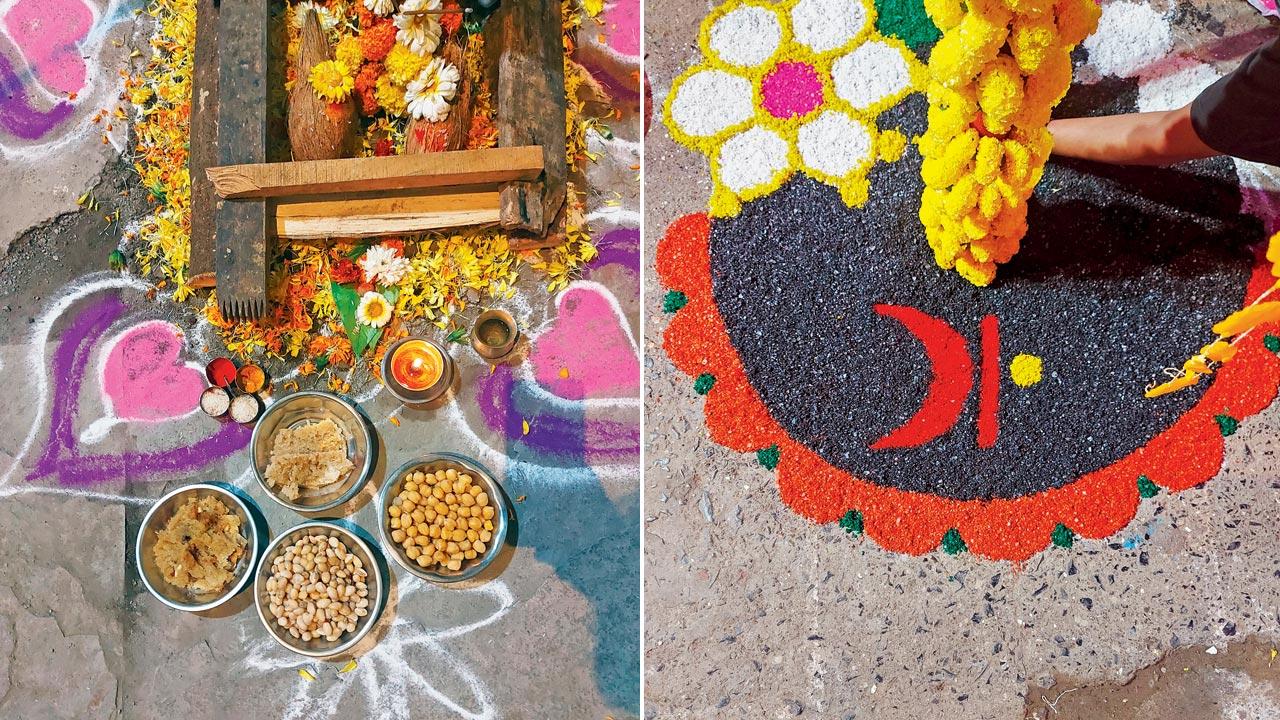 The food offerings include sweets and legumes; (right) a traditional rangoli