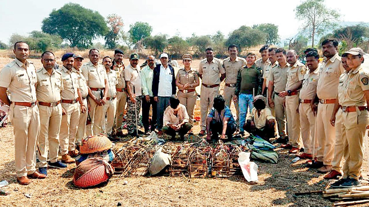 Three of the accused (in hoods) surrounded by cops and forest officials