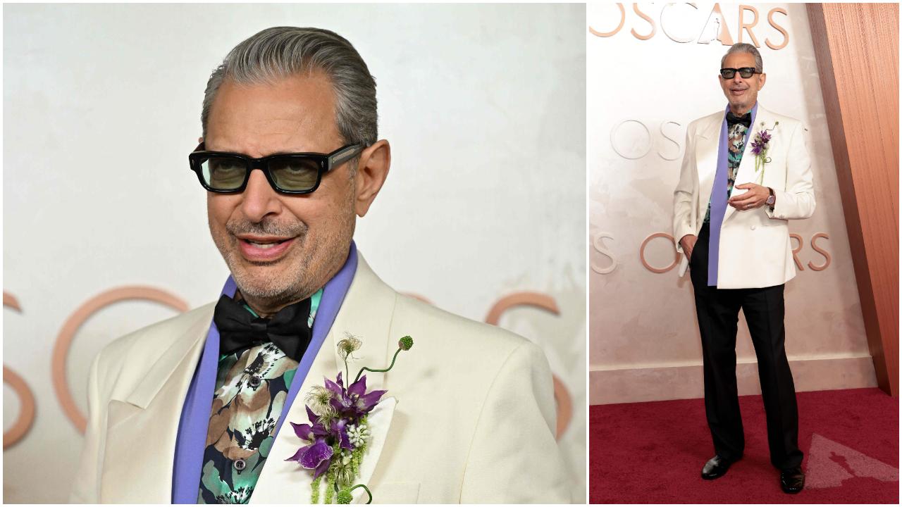 Jeff Goldlbum, who appears in 'Wicked', looked sharp in a off-white glossy suit which he paired with a printed shirt, lavender scarf and a bow-tie but not without a floral brooch, which seemed to be the theme even among his 'Wicked' co-stars. He paired the ensemble with his signature tinted glasses