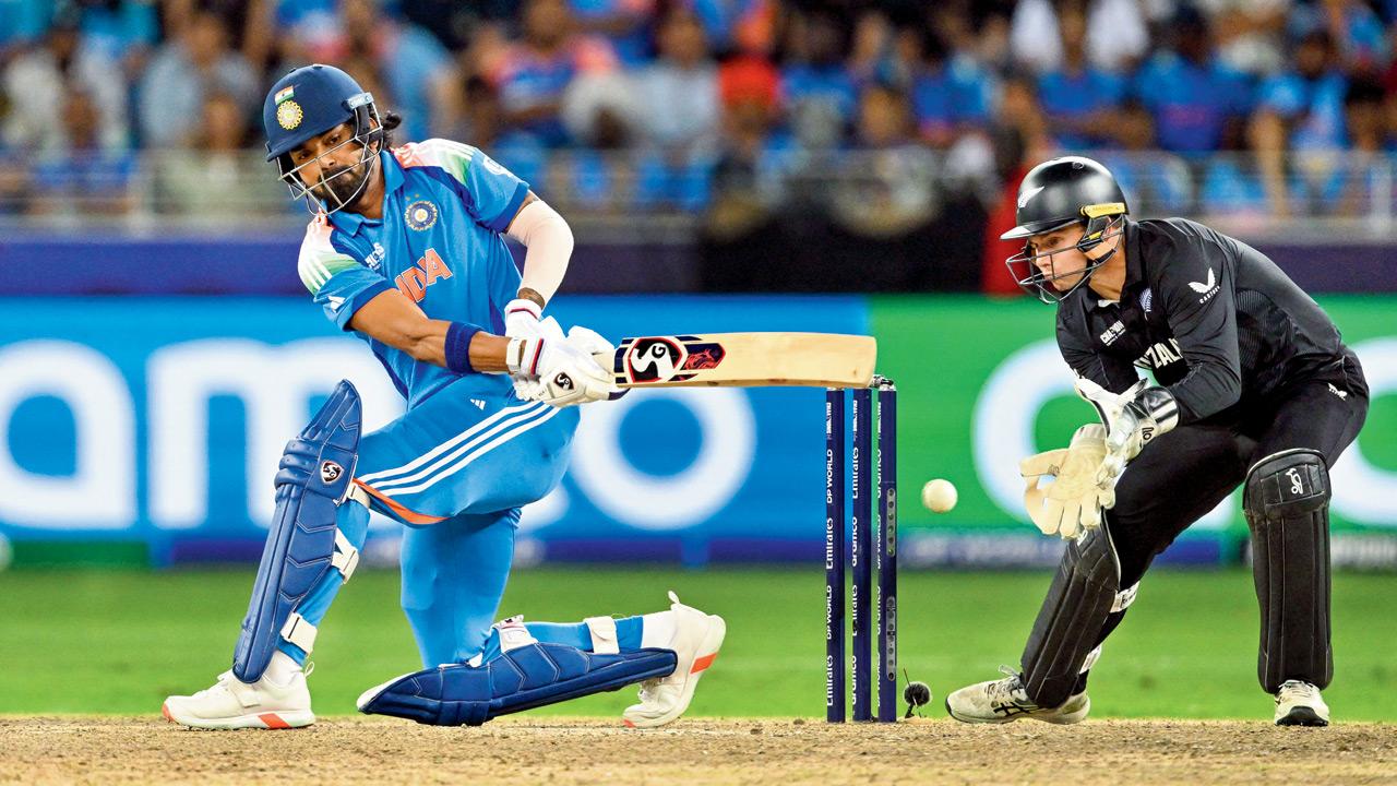India’s KL Rahul sweeps one during the Champions Trophy final against NZ at the Dubai International Stadium yesterday. Pic/Getty Images
