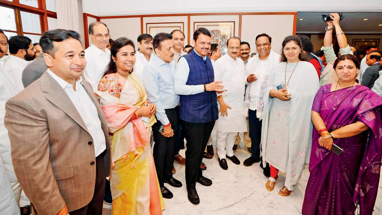 Mahayuti leaders attended the traditional tea party ahead of the state assembly session. Pic/X/@CMOMaharashtra