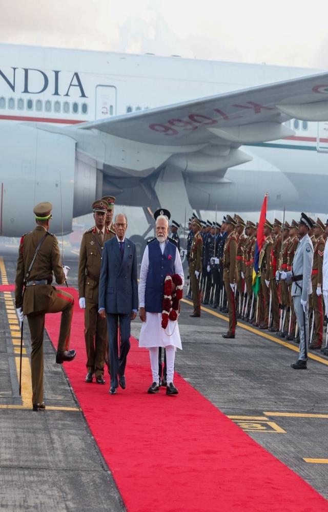 PM Modi was accorded a ceremonial welcome at Port Louis. Mauritius will be celebrating its 57th National Day on Wednesday