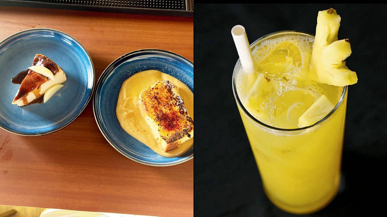 (Clockwise from top left) Milk tea cheesecake with poached pear coffee foam; pineapple and oolong tea; compressed French toast