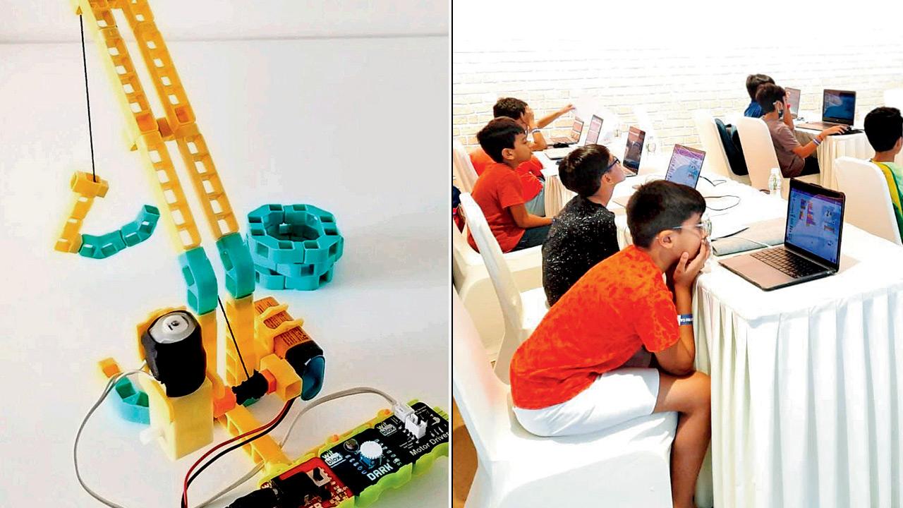 A motorised crane (right) a previous coding session