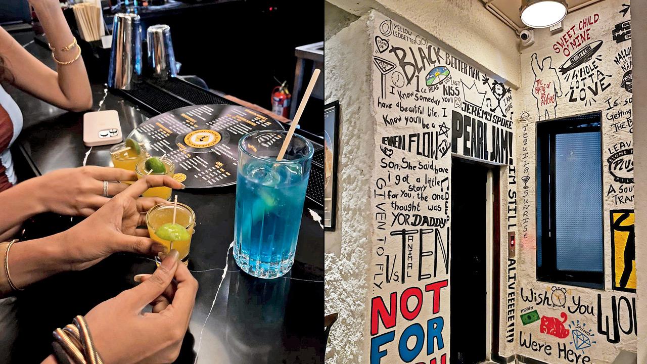 We downed the kamikaze shots at their dimly lit, aesthetically pleasing bar (right) Indie-rock murals line the walls, creating the perfect vibe for music lovers