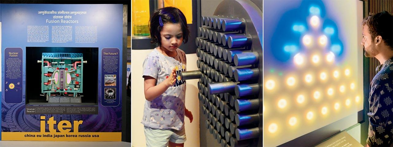 (From left) The nuclear fusion reactor model; a young visitor explores the calandria; the nuclear fission panel