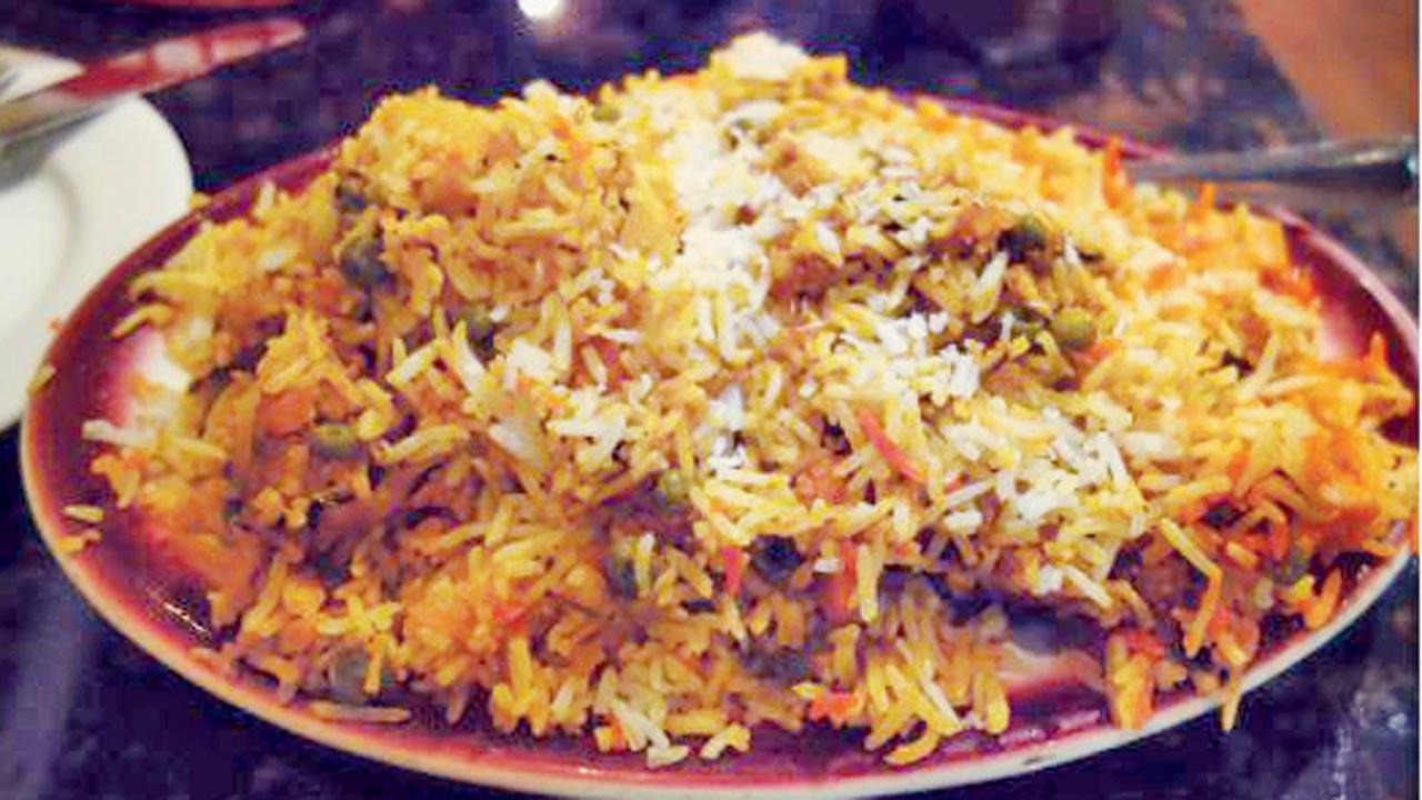 Biryani is a layered rice dish featuring saffron that came to India through Iran at the time of the Mogul emperors