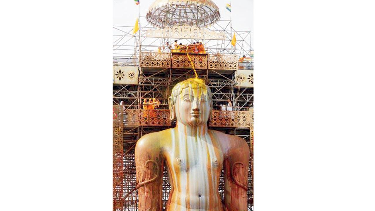 The Jain Gomateshwara festival is held once every dozen years at Shravanabelagola in the Indian state of Karnataka. Held since the year 981 BCE, worshippers pour saffron water or saffron milk onto a 17-m (57 ft) statue of Gomateshwara, a revered figure in the Jain religion, from a specially constructed platform