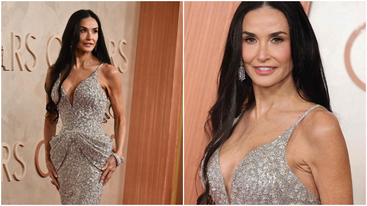 Demi Moore, who looked absolutely radiant in a custom Giorgio Armani Prive crystal-embroidered gown. Moore, who is nominated for Best Actress for her role in 'The Substance,' stunned in the plunging neckline gown, which featured pleated hip detailing and a dramatic train. The 62-year-old actress added some extra sparkle with matching earrings and a bracelet, and her long, dark hair cascaded into soft curls