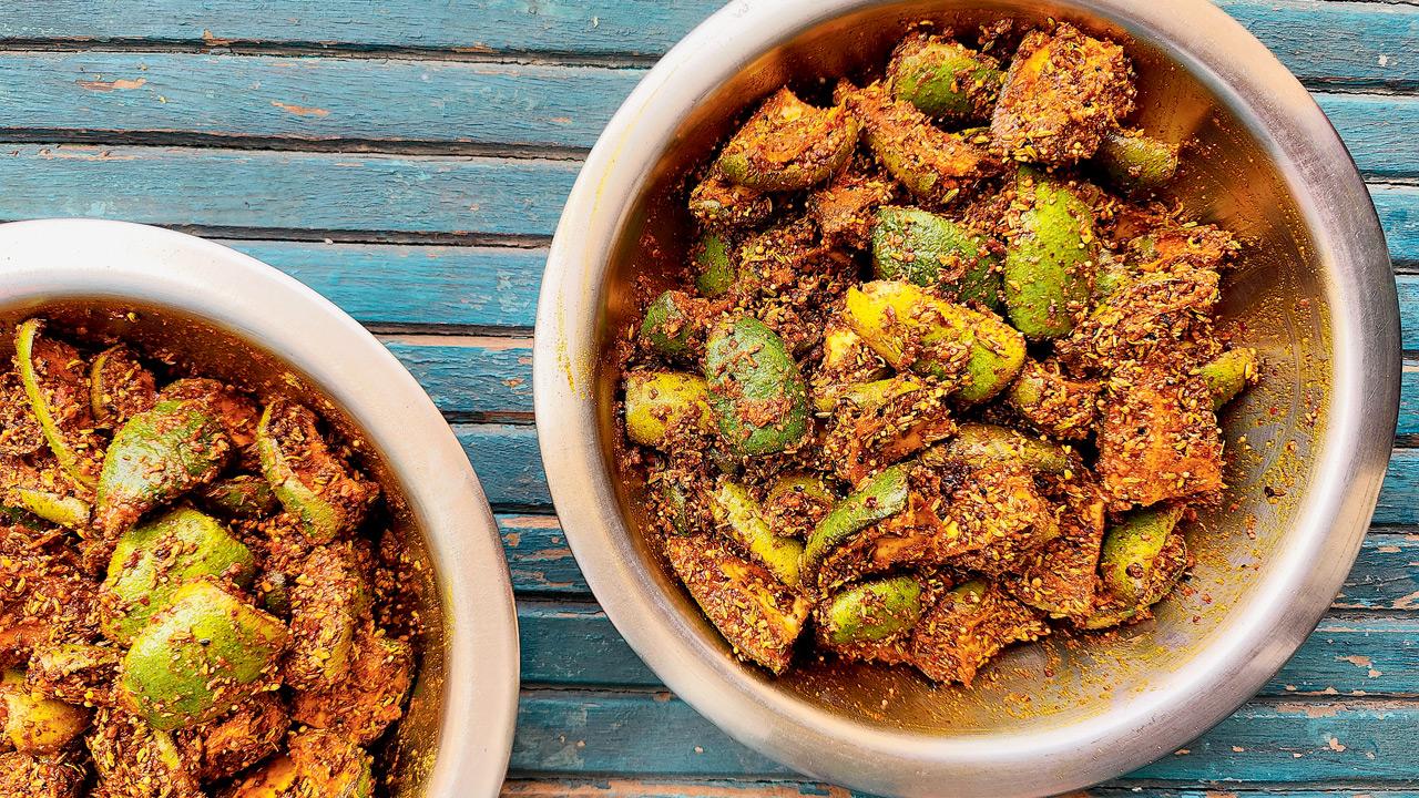 A pickle made with a dry Bihari spice rub, with less oil and fewer masalas than many other Indian variants 