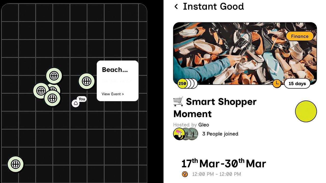 A beach clean-up event shows up in the Playground section (right) A smart shopping activity encourages users to make sustainable fashion choices