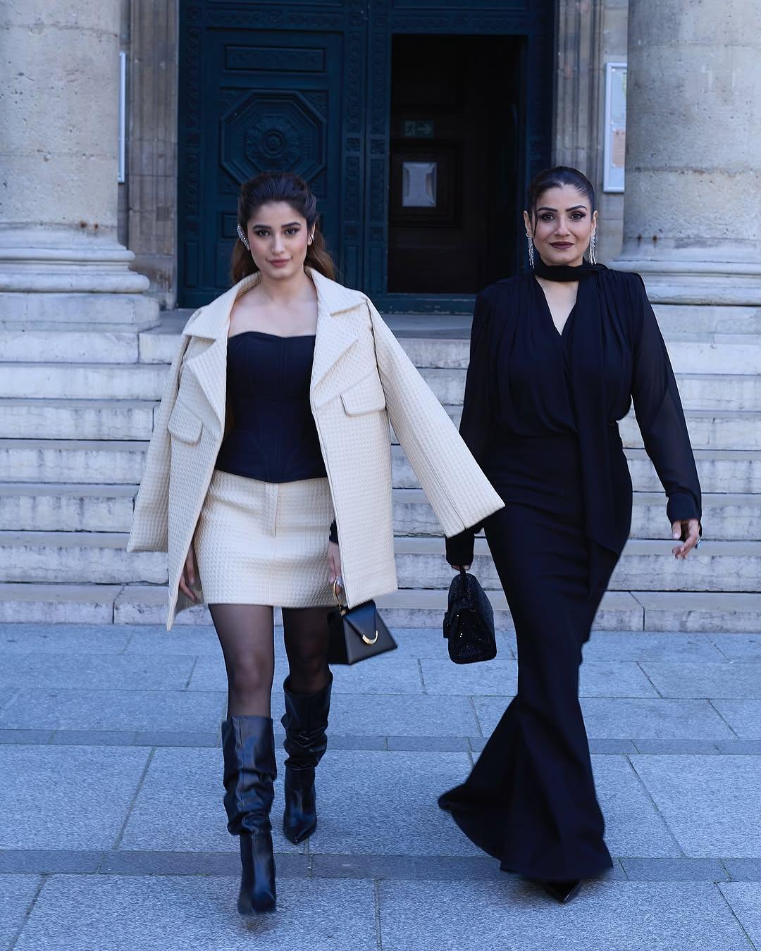 Rasha Thadani, who accompanied her mom on this visit to Paris Fashion Week, slayed in a beige and black look