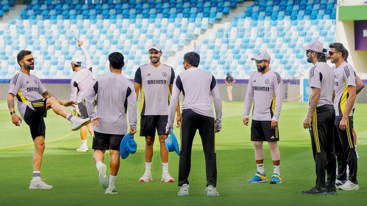 India players during a practice session on the eve of the Champions Trophy final against New Zealand in Dubai on Saturday. Pic/PTI