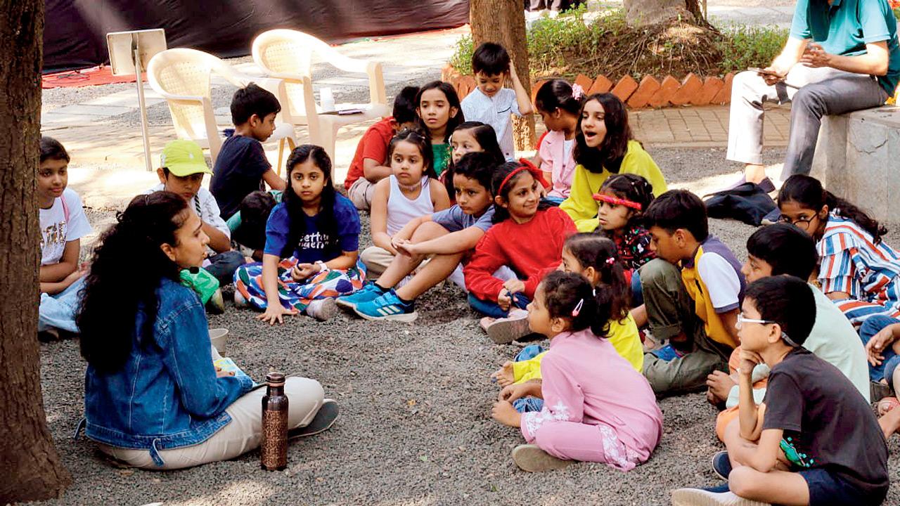 Ansari (left) joins children in a conversation about her book during a session in January. Pic courtesy/Pritya Jha