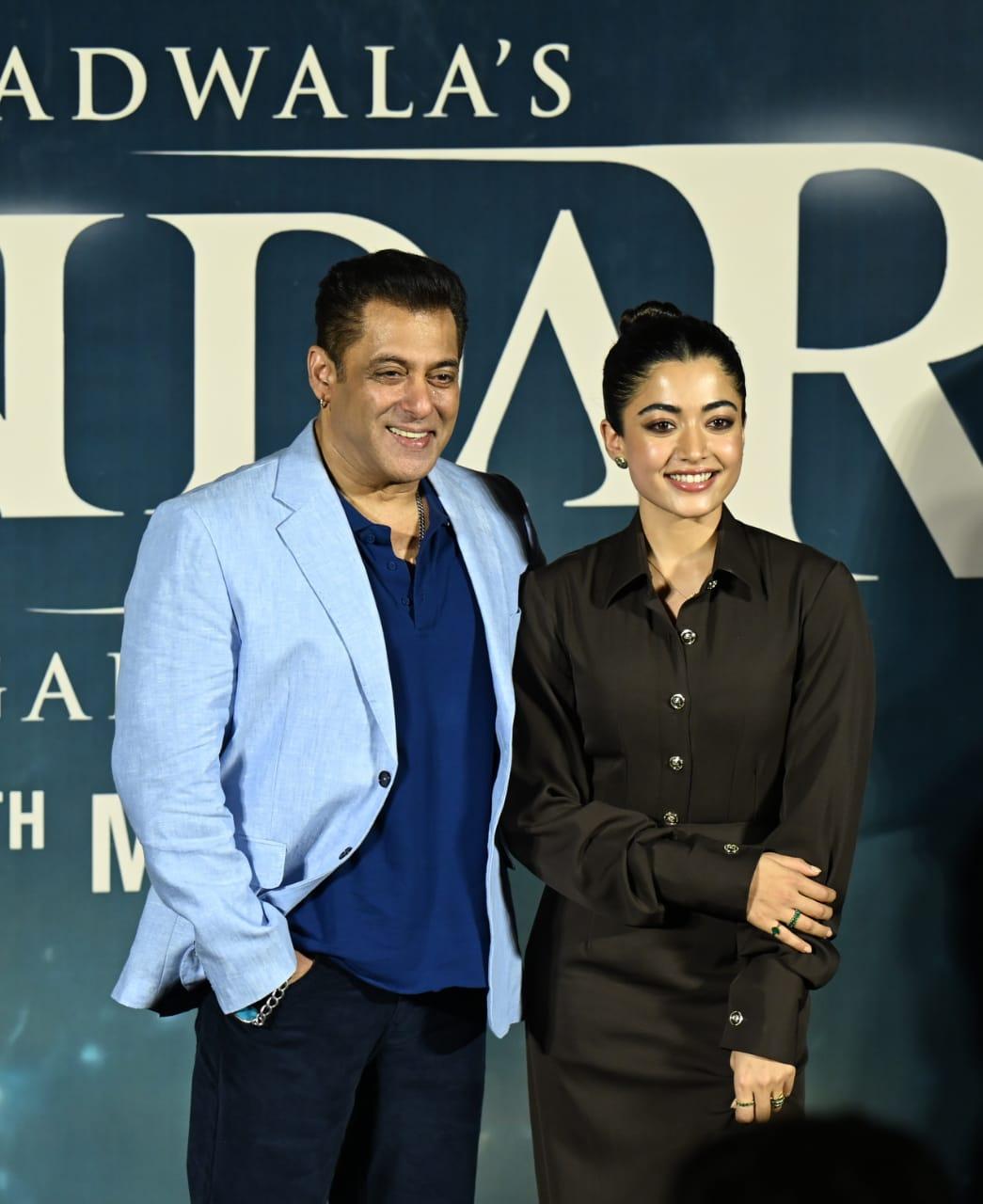 Salman and Rashmika were seen smiling bright as they posed together at the trailer launch event.
 