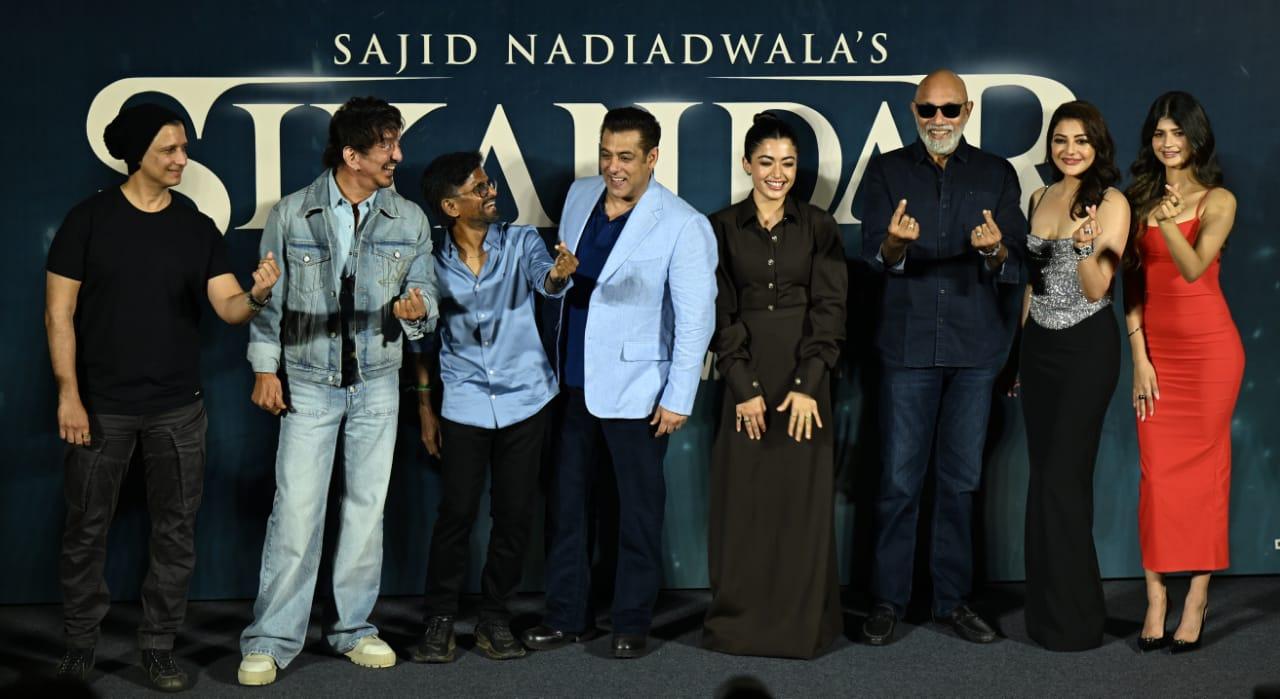 Sharman Joshi, Sajid Nadiadwala, Director A.R. Murugadoss, Salman Khan, Rashmika Mandanna, Sathyaraj, Kajal Aggarwal, and Anjini Dhawan were seen posing together during the event.
 