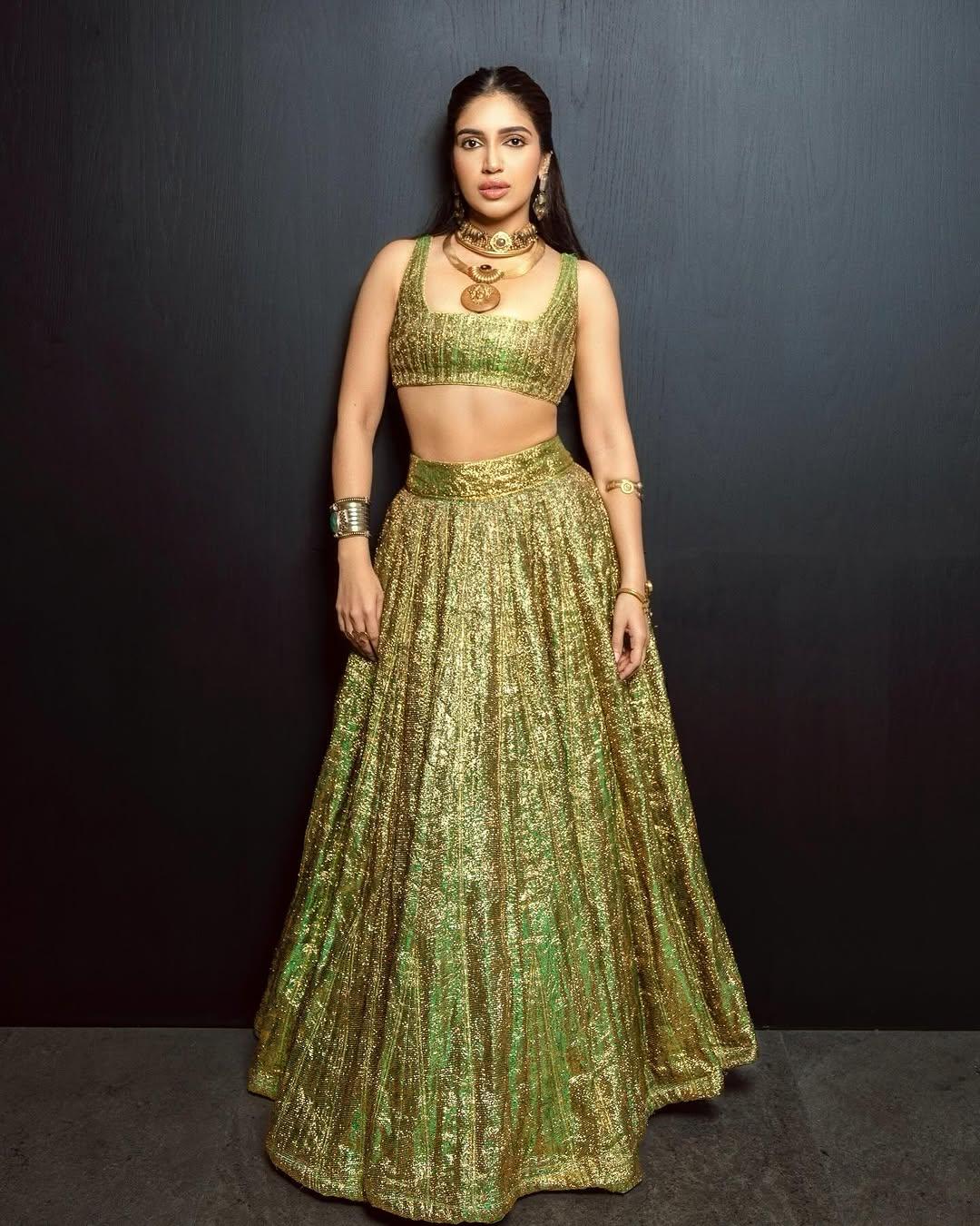 Bhumi Pednekar's Eid celebration was all about giving glam vibes. The actress wore a beautiful green lehenga set featuring golden detailing