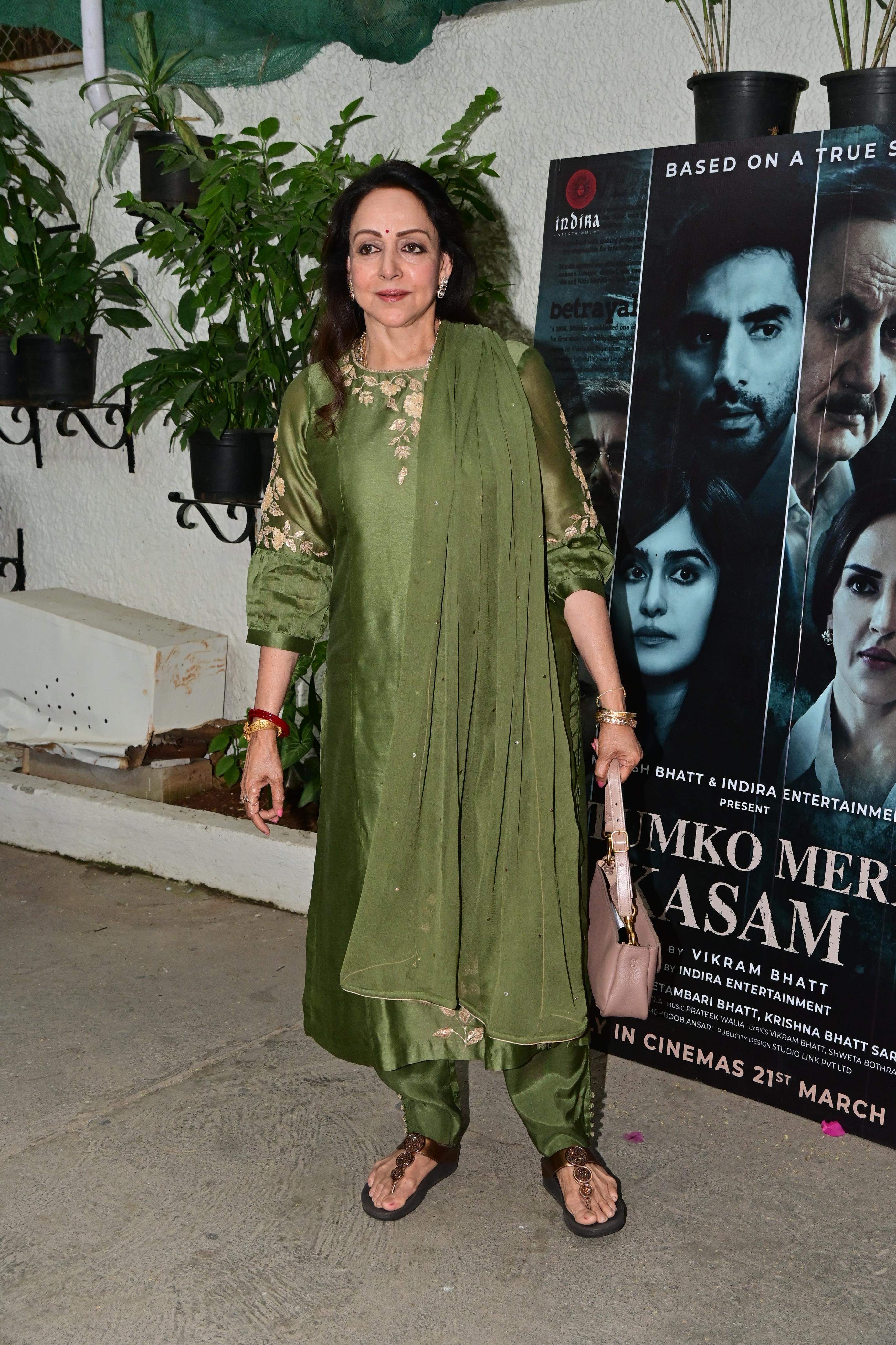 Hema Malini was also snapped at her daughter Esha's upcoming film screening