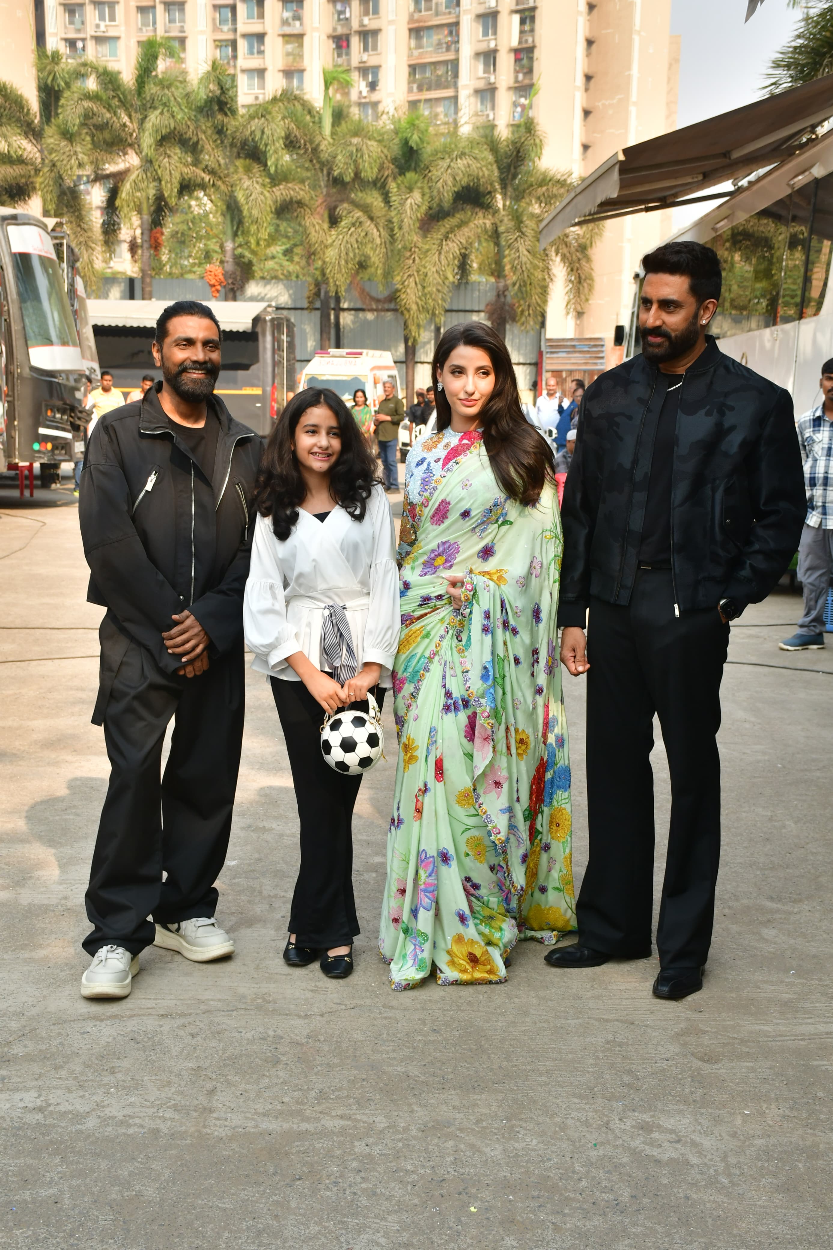 Nora Fatehi, Remo D'Souza, and Abhishek Bachchan were clicked as the cast went to promote their film Be Happy.