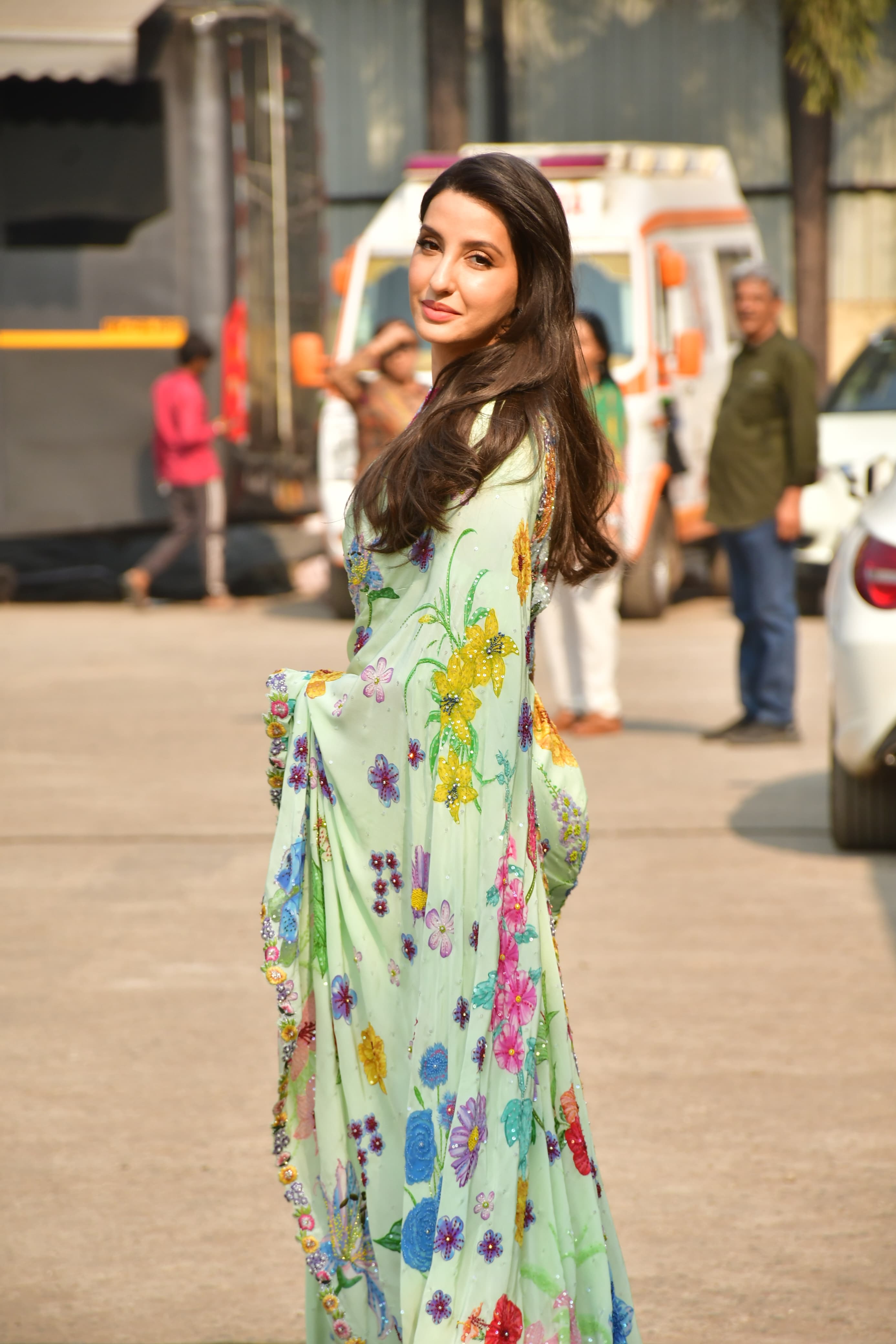 Nora Fatehi looked stunning in a floral green saree as she went out and about in the city.  