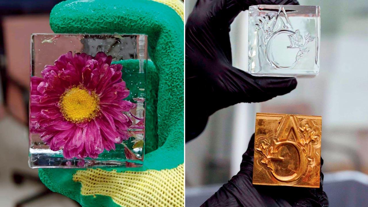So far Ramnani has frozen fruits, flowers, gold flakes, coffee beans, sunglasses, a whole bouquet and a ring; (right) A custom-made ice stamp for a wedding with the couple’s initials