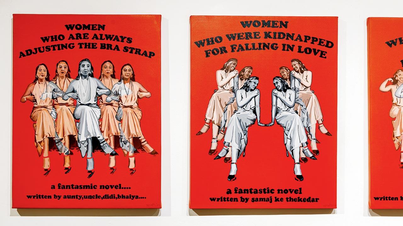 Women who are always adjusting the bra strap; Women who were kidnapped for falling in love by Manmeet Devgun, acrylic on canvas, 2025