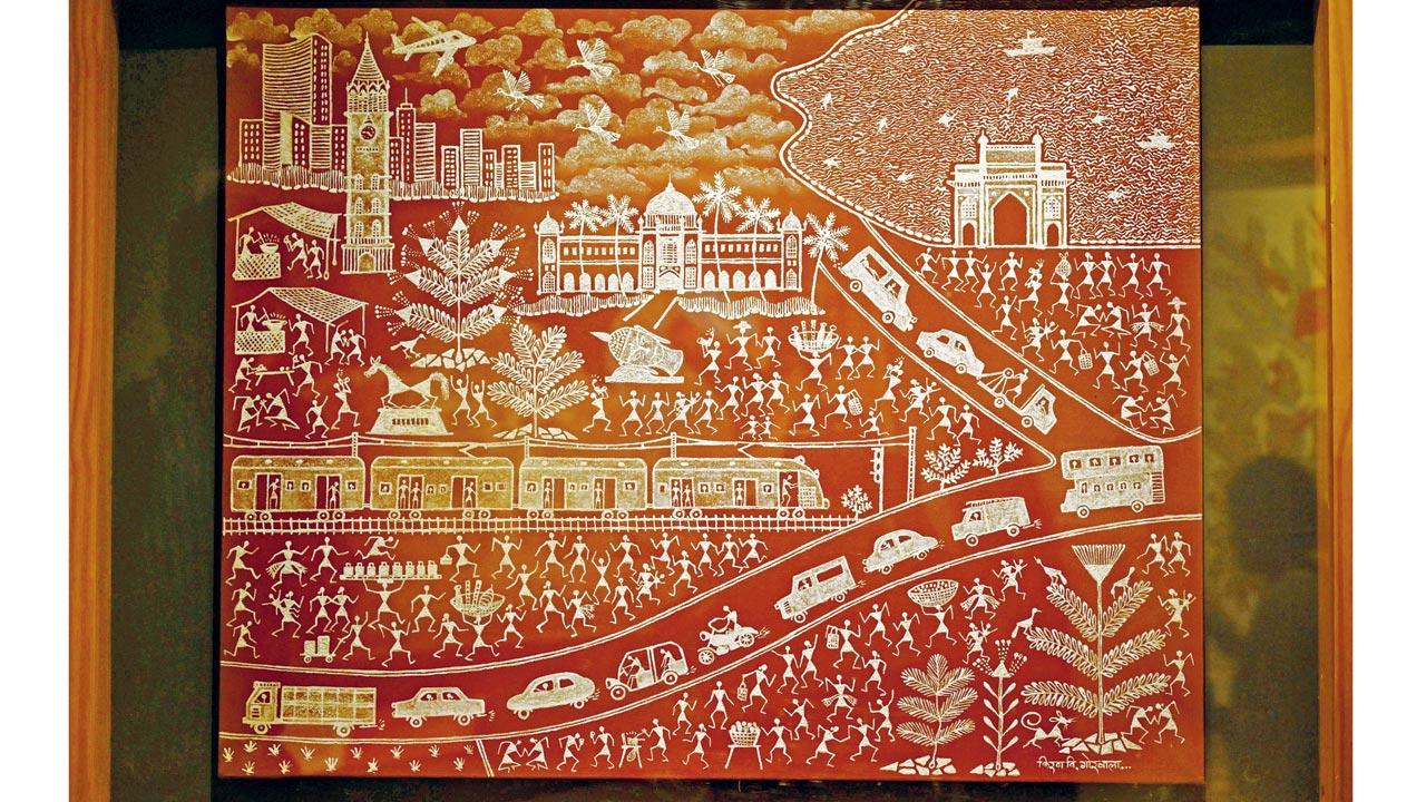 Mumbai Mosaic: Warli Reimagined by Kiran Vinayak Gorwala, 2024. This Warli canvas vividly captures the hustle and bustle of Mumbai’s daily life. From local trains to iconic landmarks like Gateway of India and the Bombay Stock Exchange building  —  the chaotic movement all around embodies the city’s tireless spirit 