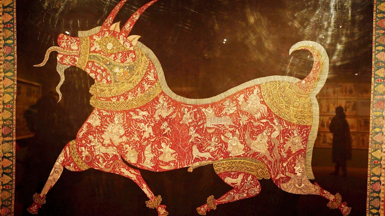 Mata ni Pachedi: Sacred textiles of the Vaghari community by Sanjay Manubhai Chitara, 2024. This 300-year-old textile is a sacred shrine cloth created by the Vaghari community of Gujarat that illustrates events from mythology, epics and religious processions