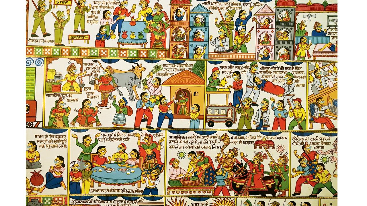 1039: The story of COVID-19: Phad painting by Kalyan Joshi, 2024.  This COVID-themed Phad painting portrays the Coronavirus as a monstrous force. Unlike traditional Phad art that is used in religious storytelling performances this artwork is a standalone contemporary piece. The final panel, depicting vaccines, offers hope by expanding Phad’s visual language beyond its traditional form