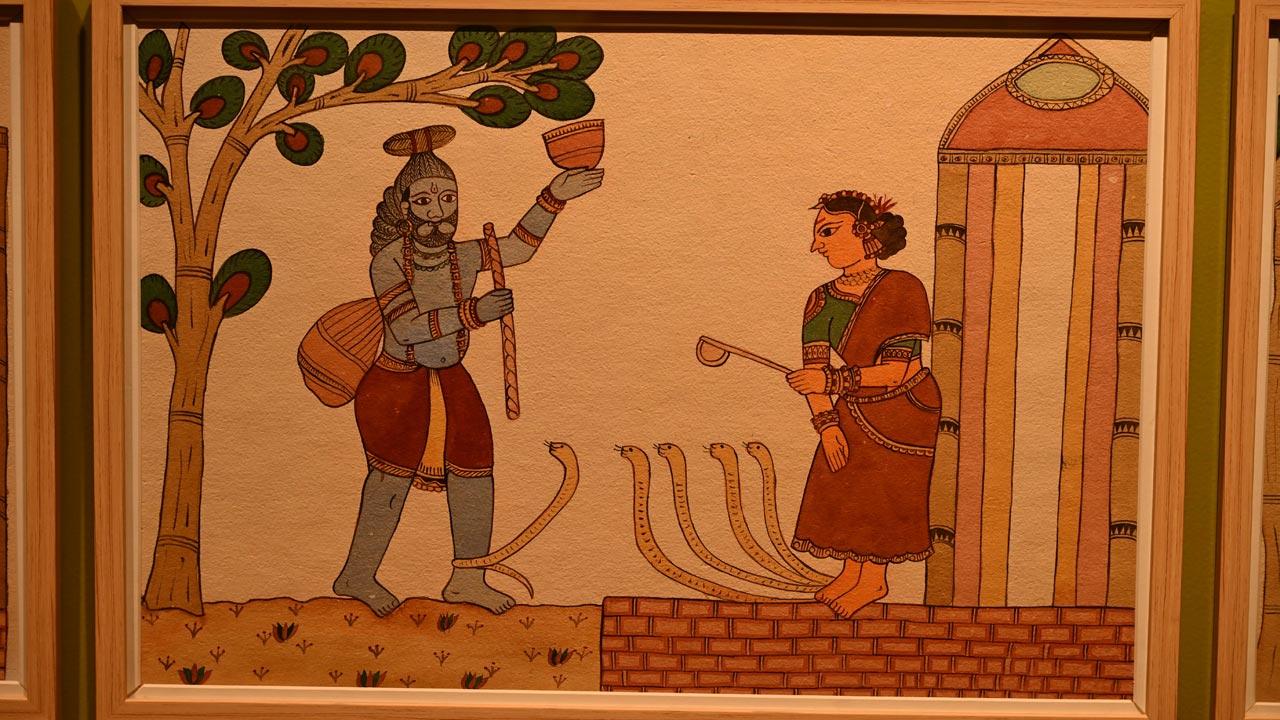 A panel from Epic narratives unfolds, the Aranya Kanda of Ramayana by Chetan  Parshuram Gangavane and Eknath Parshuram Gangavane, 2024.  The painting depicts an episode from a local version of the Aranya Kanda — an episode  from the epic which narrates Lord Rama’s forest trials.