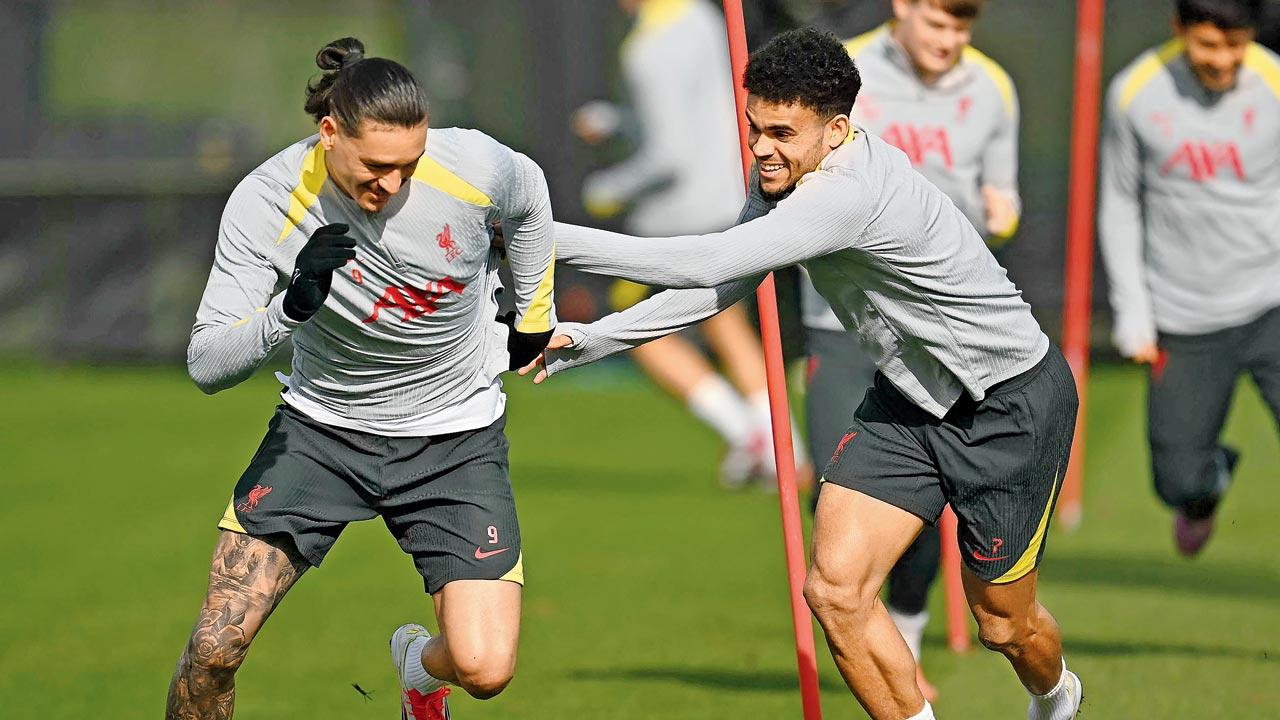 Liverpool’s Darwin Nunez (left) and Luis Diaz during a practice session at the club’s training ground in Liverpool on Monday. Pics/AFP