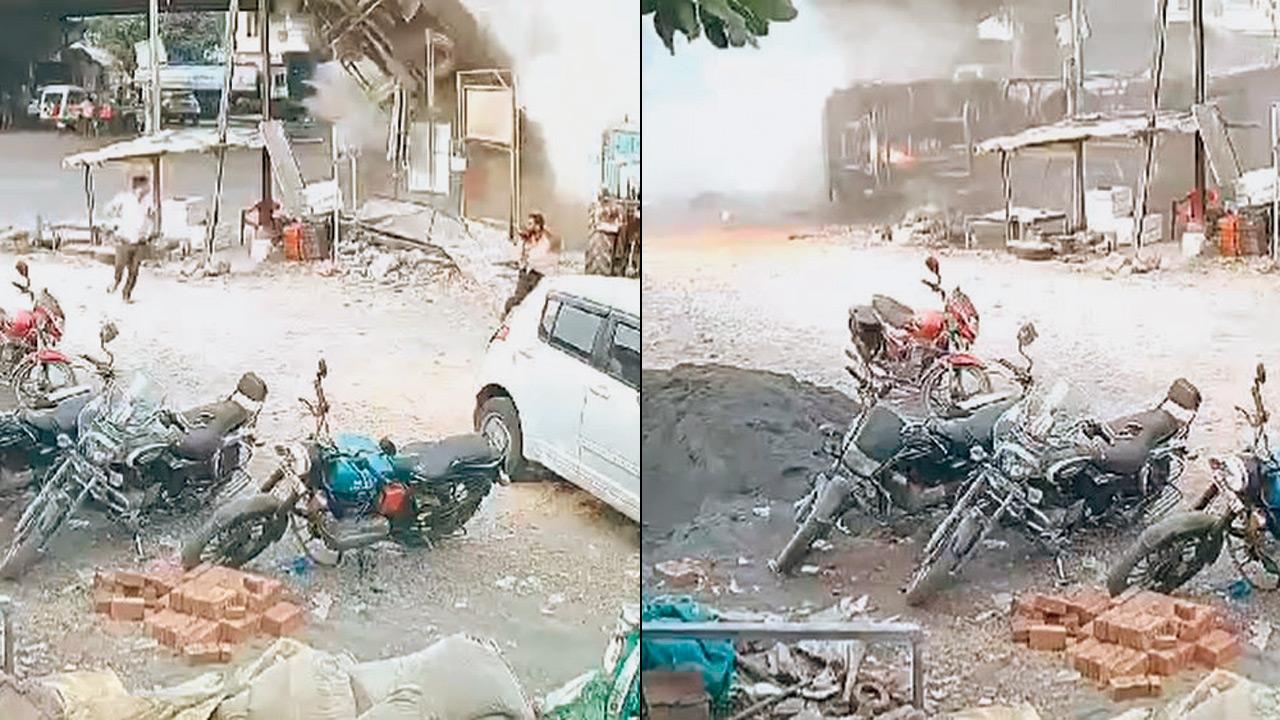 The CCTV footage shows people running for cover as the truck falls off the bridge