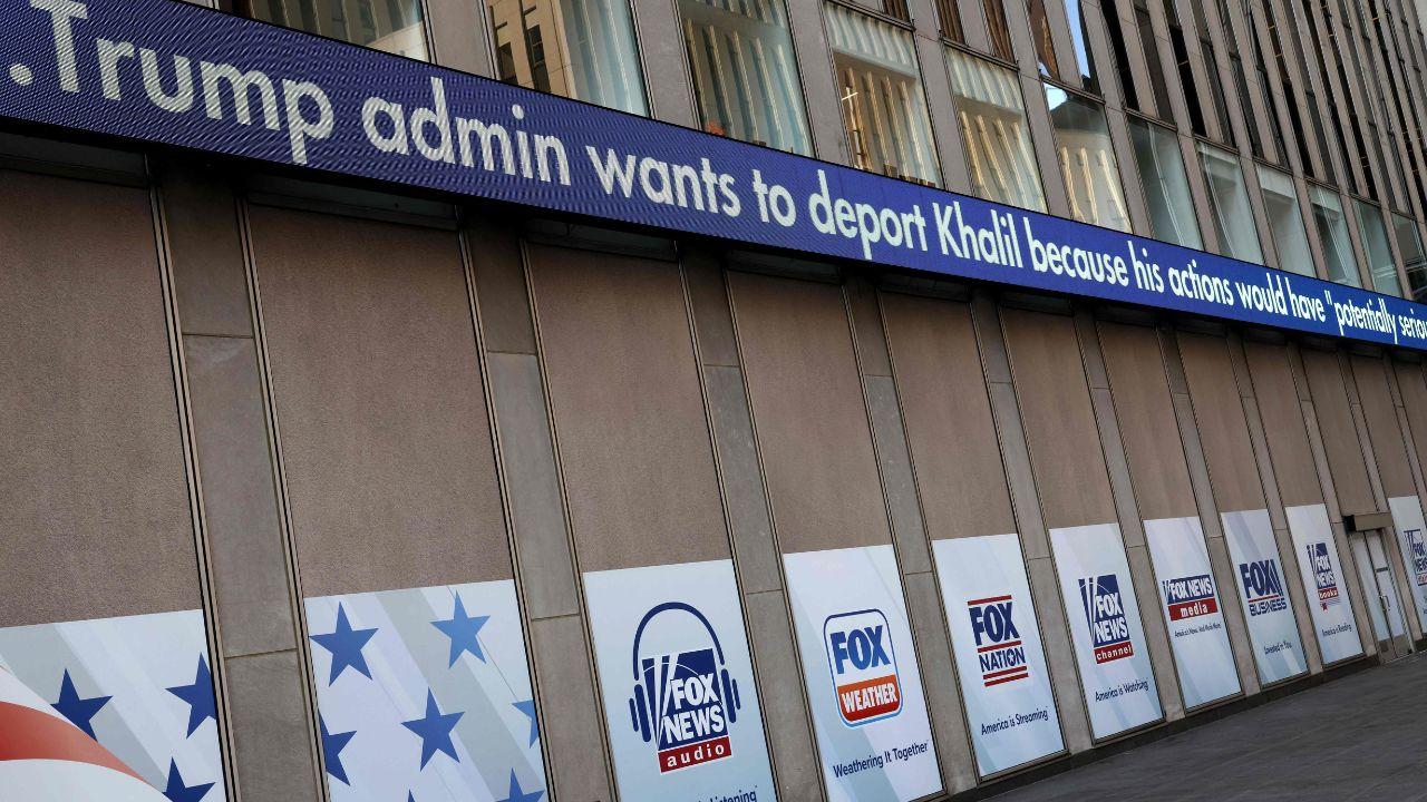 A building in New York City displayed a headline regarding the arrest of pro-Palestinian student activist Mahmoud Khalil by Immigration and Customs Enforcement