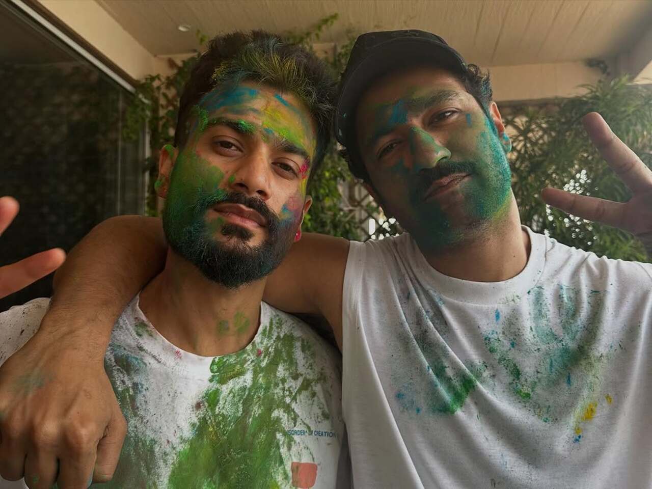The Kaushal brothers pose together after celebrating holi with colours