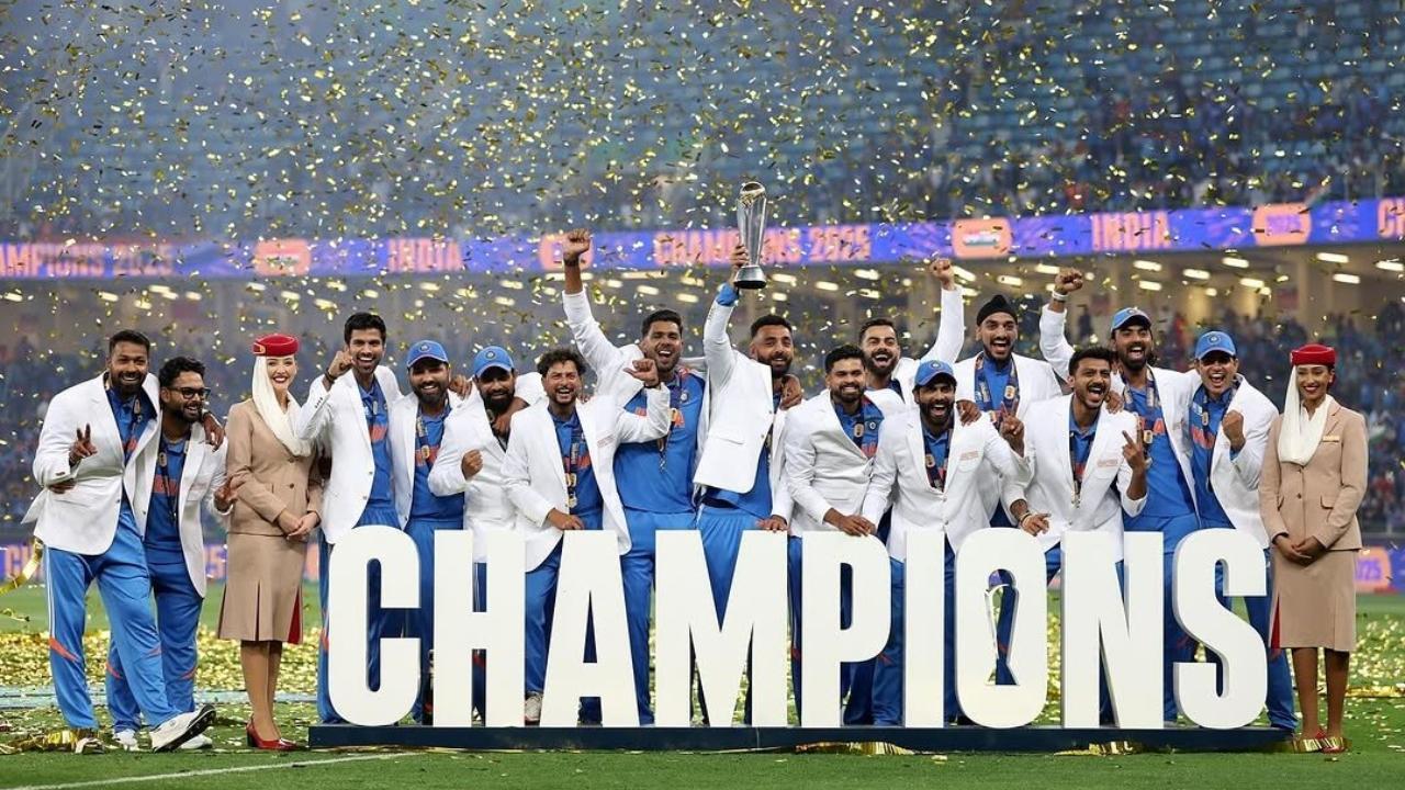 Team India celebrating their Champions Trophy 2025 triumph (Pic: X/@klrahul)