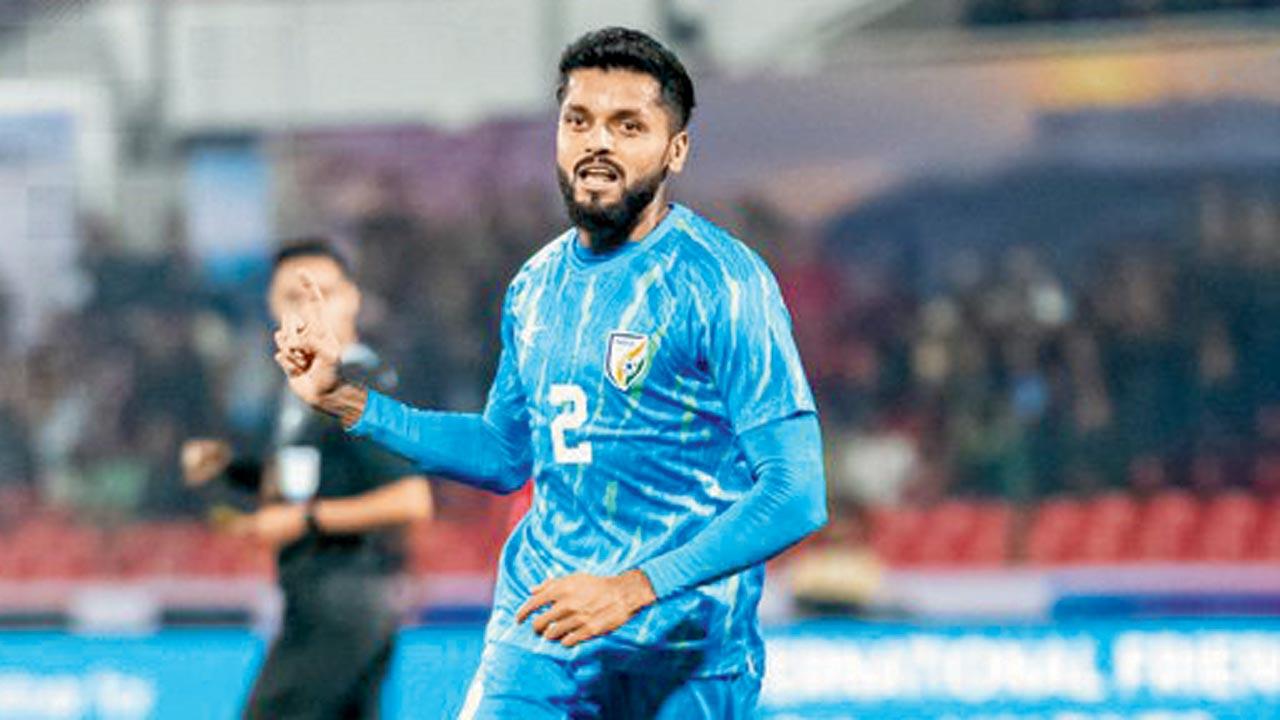India’s Rahul Bheke celebrates scoring the opener v Maldives yesterday