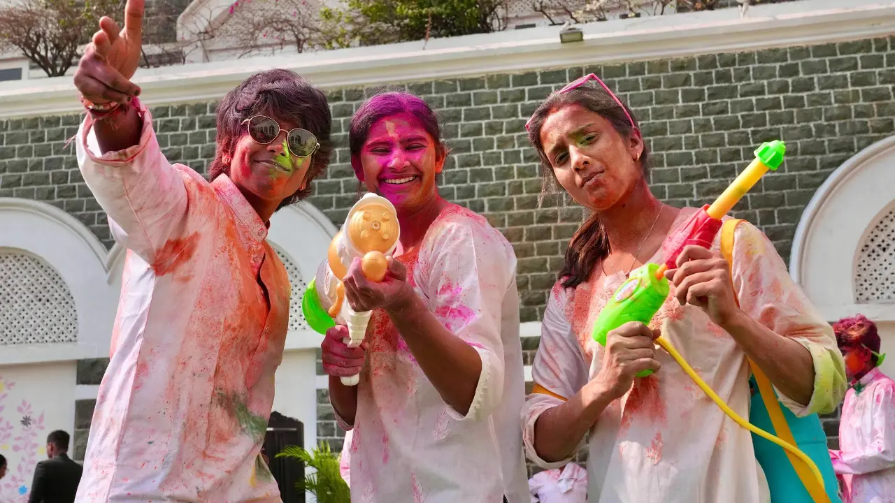 Poonam Yadav, Titas Sadhu, and Jemimah Rodrigues seen turning Holi into a riot of colours a day ahead of their WPL 2025 summit clash.