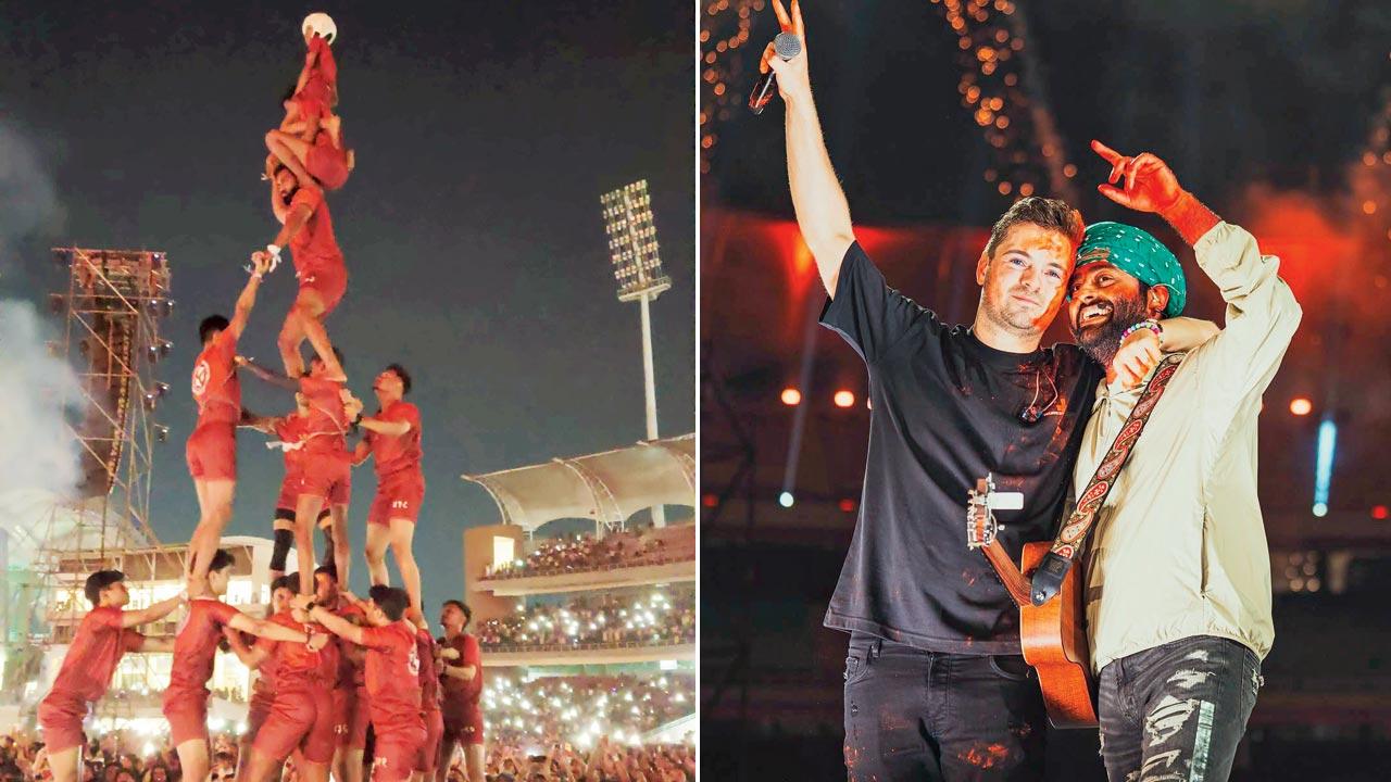 (From left) The Jogeshwari-based group builds the human pyramid at the concert; Martin Garrix with Arijit Singh onstage. Pic Courtesy/Martin Garrix on Instagram