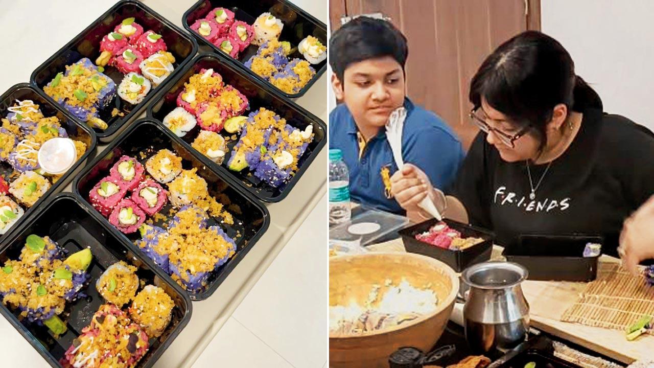 Young participants plate (left) sushi at the workshop 