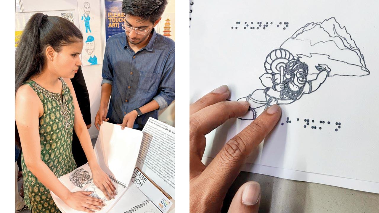 A visually-impaired visitor reads the book; (right) a close-up of a tactile image. Pics Courtesy/Accessforall