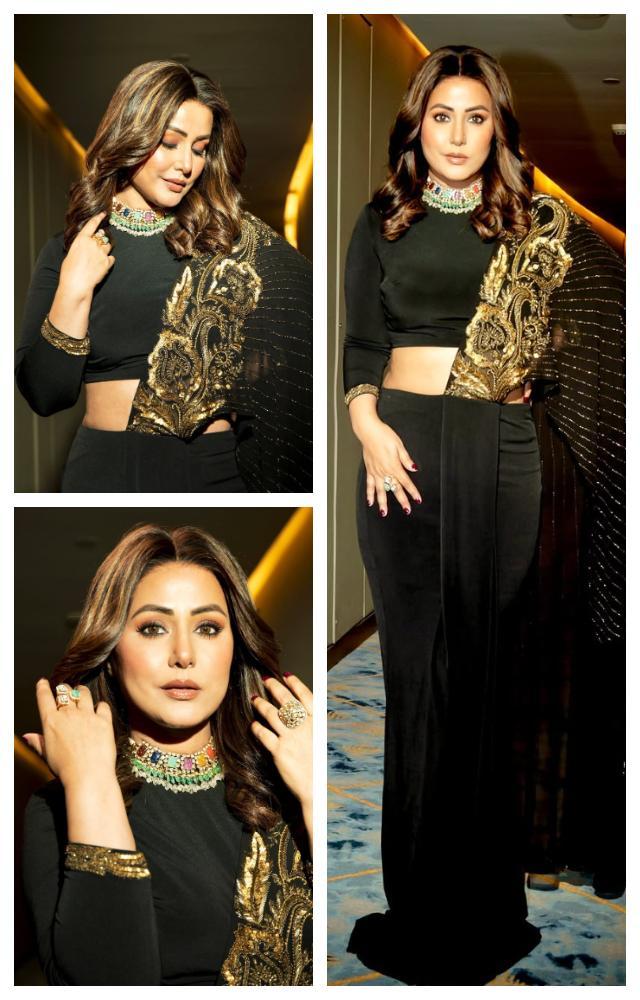 Hina Khan gleams in black-gold saree