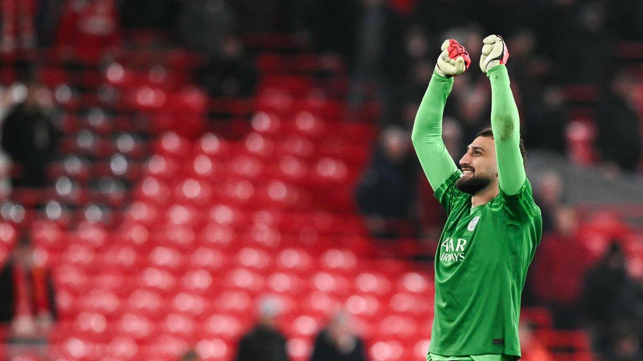 Paris Saint-Germain`s Italian goalkeeper Gianluigi Donnarumma celebrates at the end of the last 16 second leg UEFA Champions League football match between Liverpool and Paris Saint-Germain (PSG) at Anfield in Liverpool, north west England. Pic/AFP