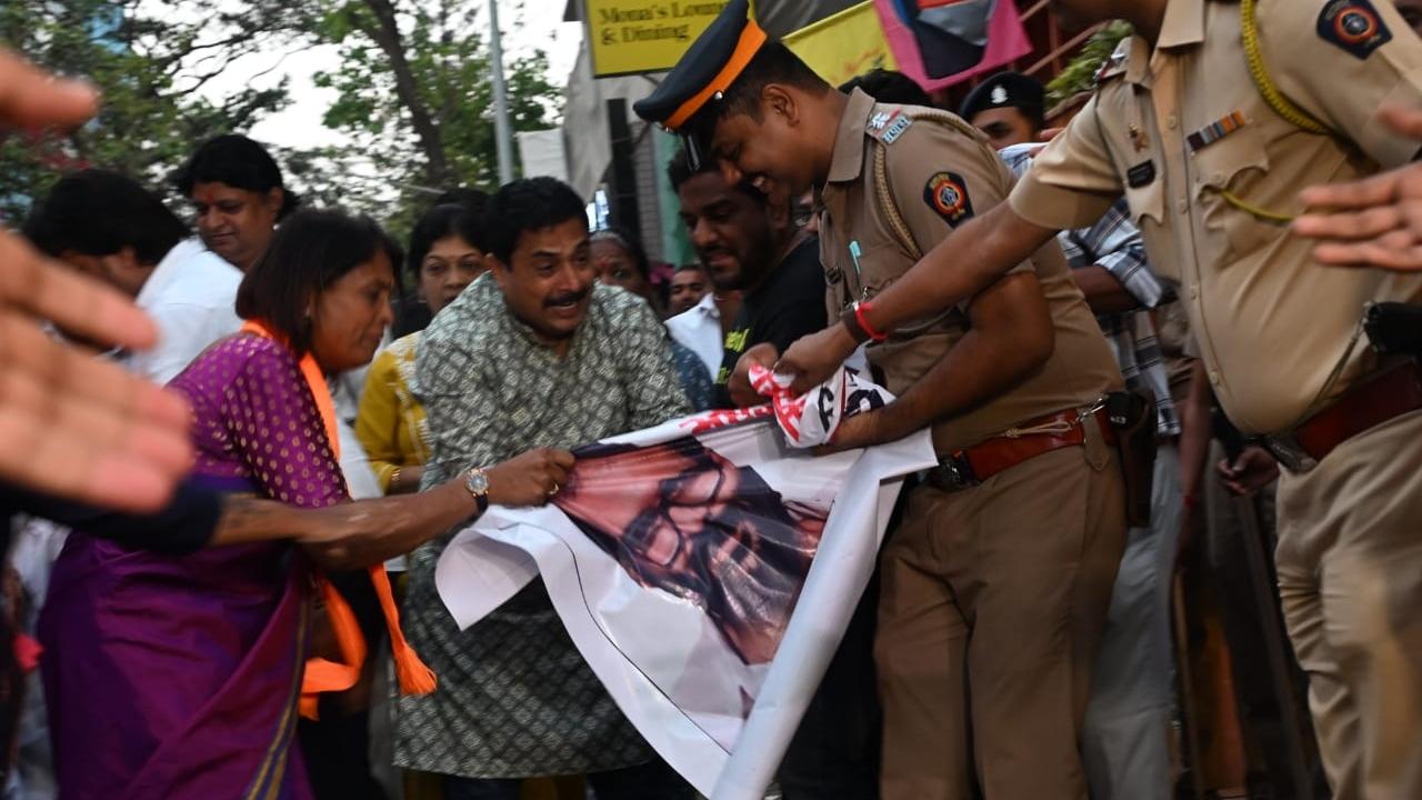 A large number of Shiv Sena workers on Sunday night gathered outside Hotel Unicontinental, where the studio is located, an official said, adding that some party workers also protested at the spot on Monday