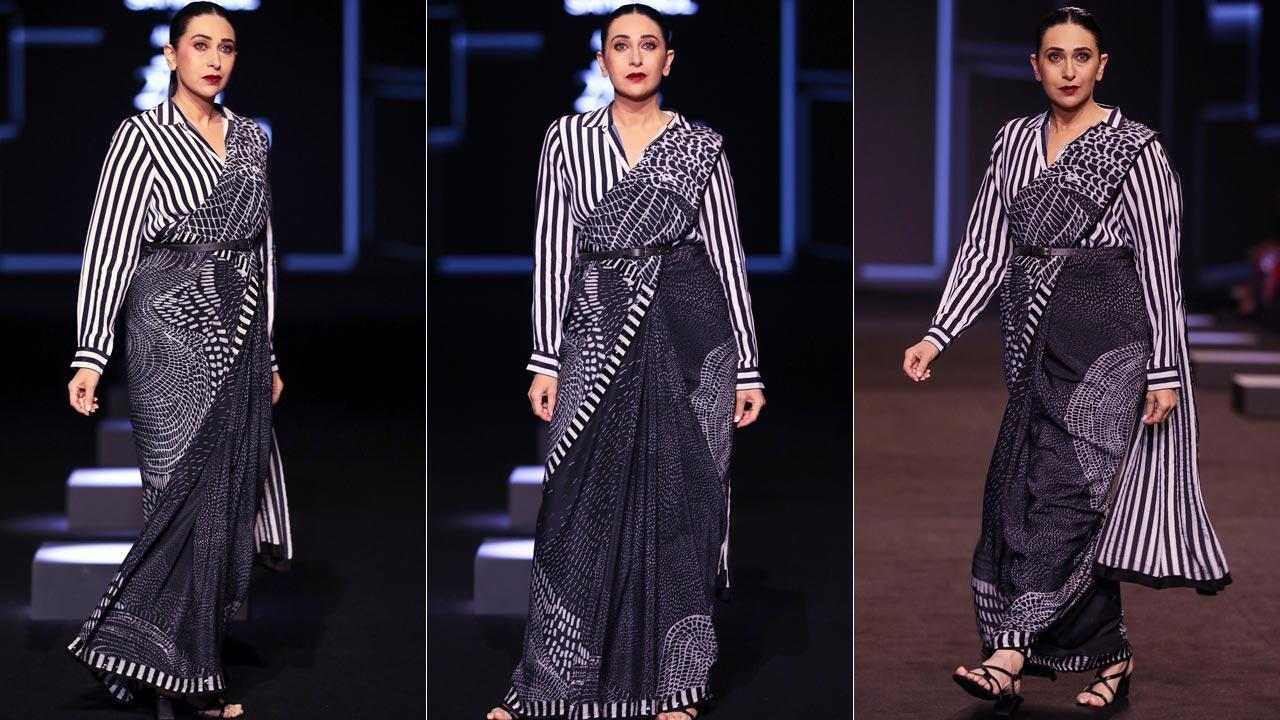 Karisma Kapoor turns heads in a stunning monochrome belted sari at Lakme Fashion