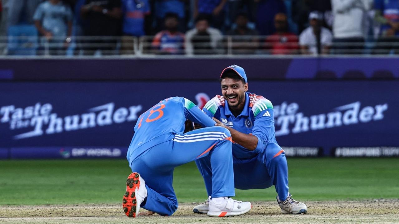 Kohli celebrates the fall of Glenn Maxwell's wicket with teammate Axar Patel. Patel did what he does best as was seen in the way Australia's power-hitter Maxwell perished to a fine straight delivery from him for seven runs in five balls. Australia were 205/6 in 37.3 overs.
