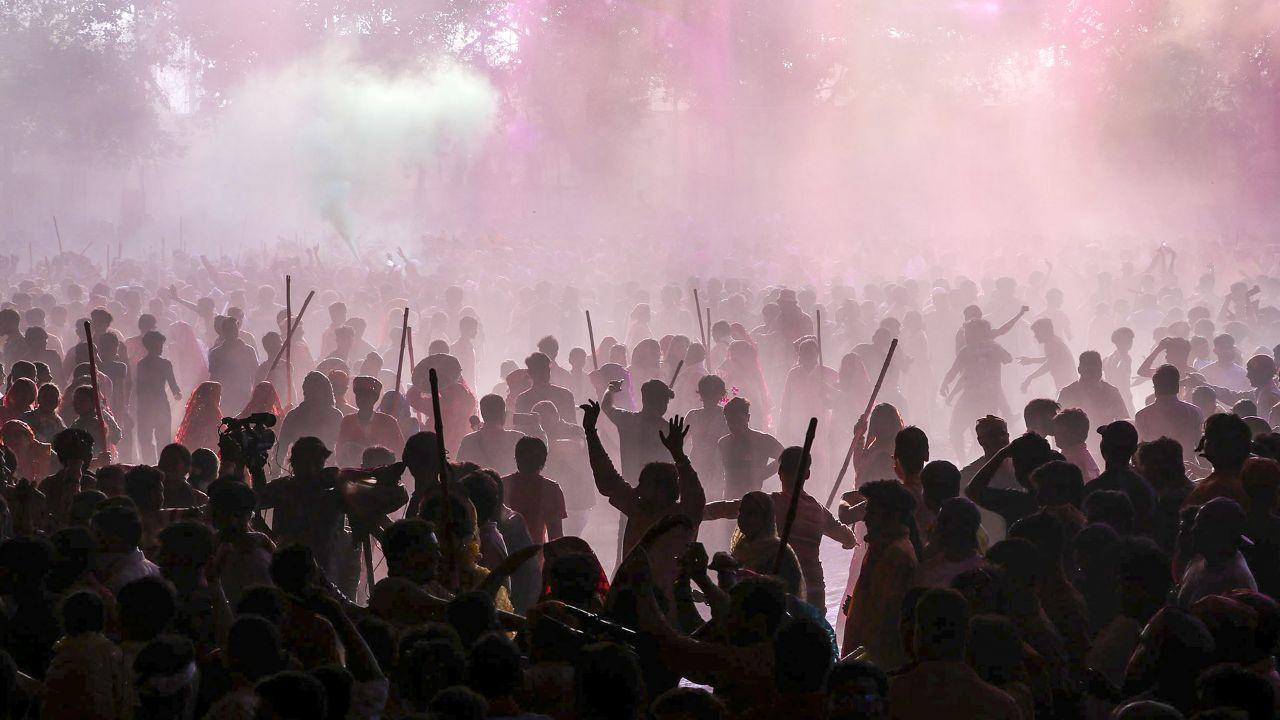 Crowd seen at Mathura's Sri Krishna Janmasthan Temple as they celebrate Latthmar Holi 