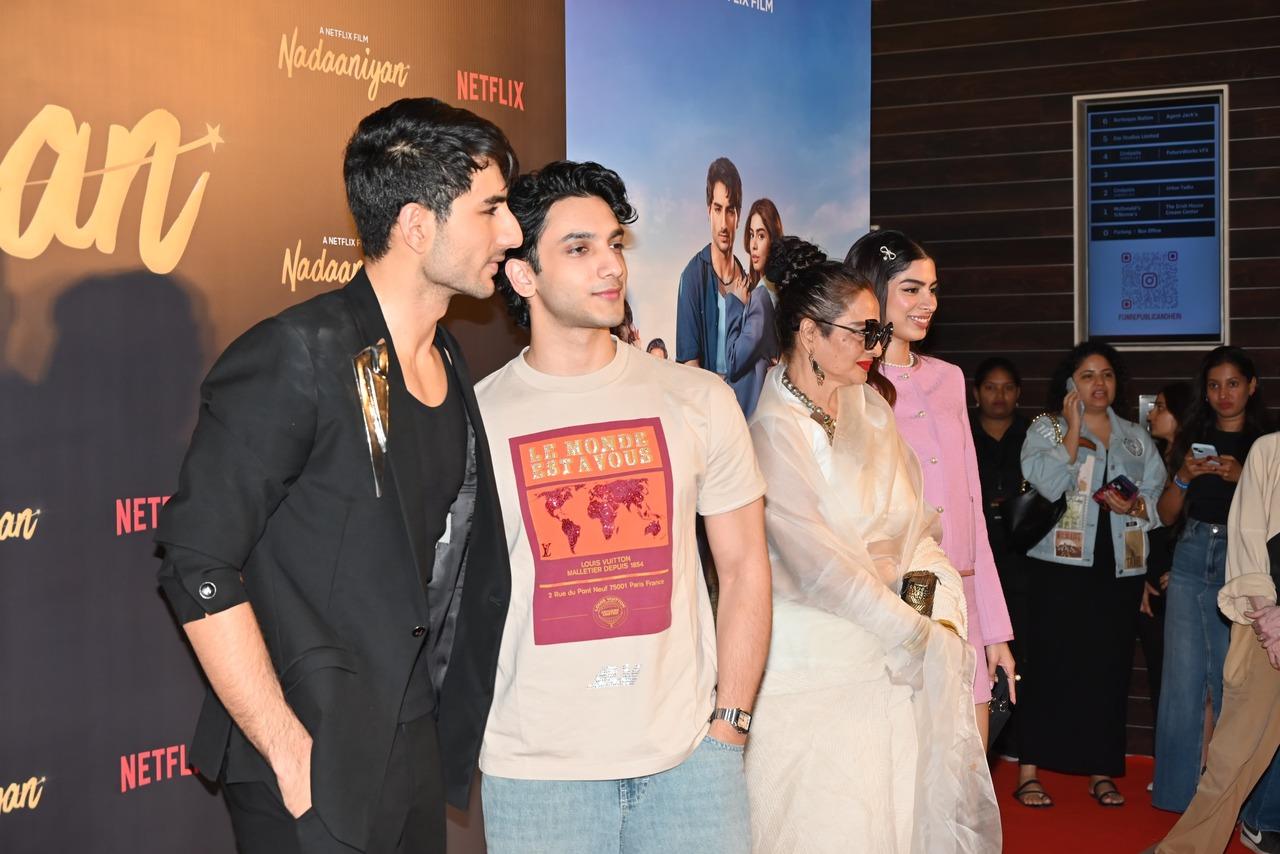 Ibrahim poses with Vedang Raina, while Khushi strikes a pose with veteran star Rekha