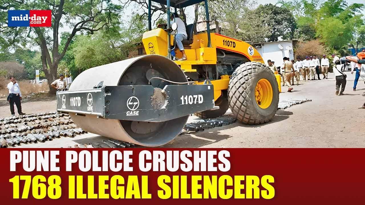 Pune: Pune police uses road roller to destroy 1768 illegal silencers in the city