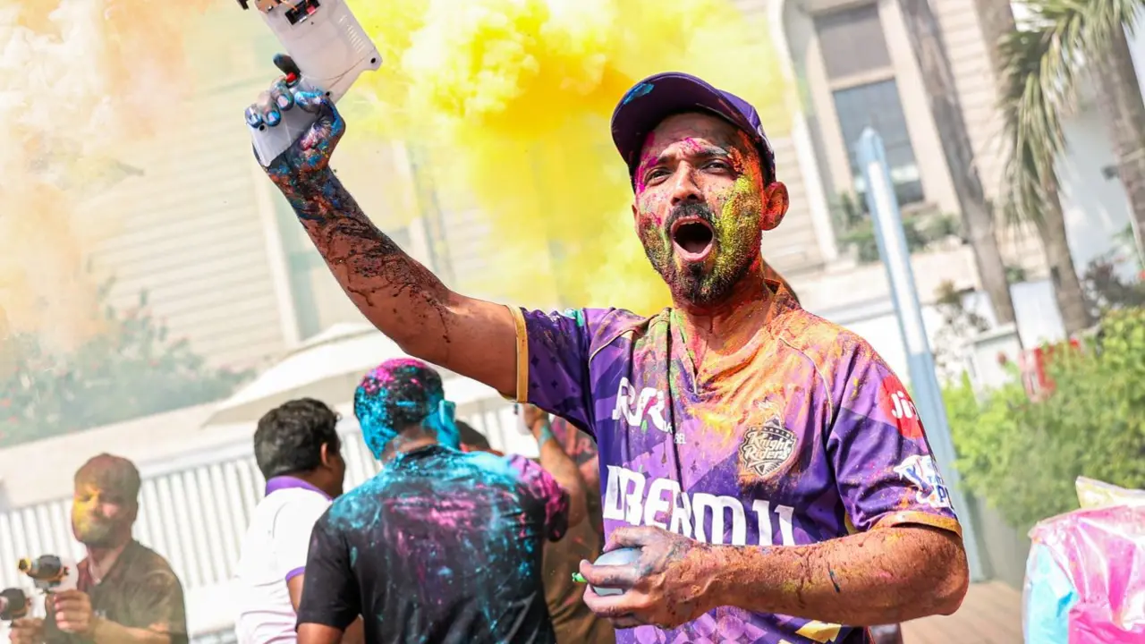 Captain Rahane seen having fun with water guns during KKR's Holi celebrations. 