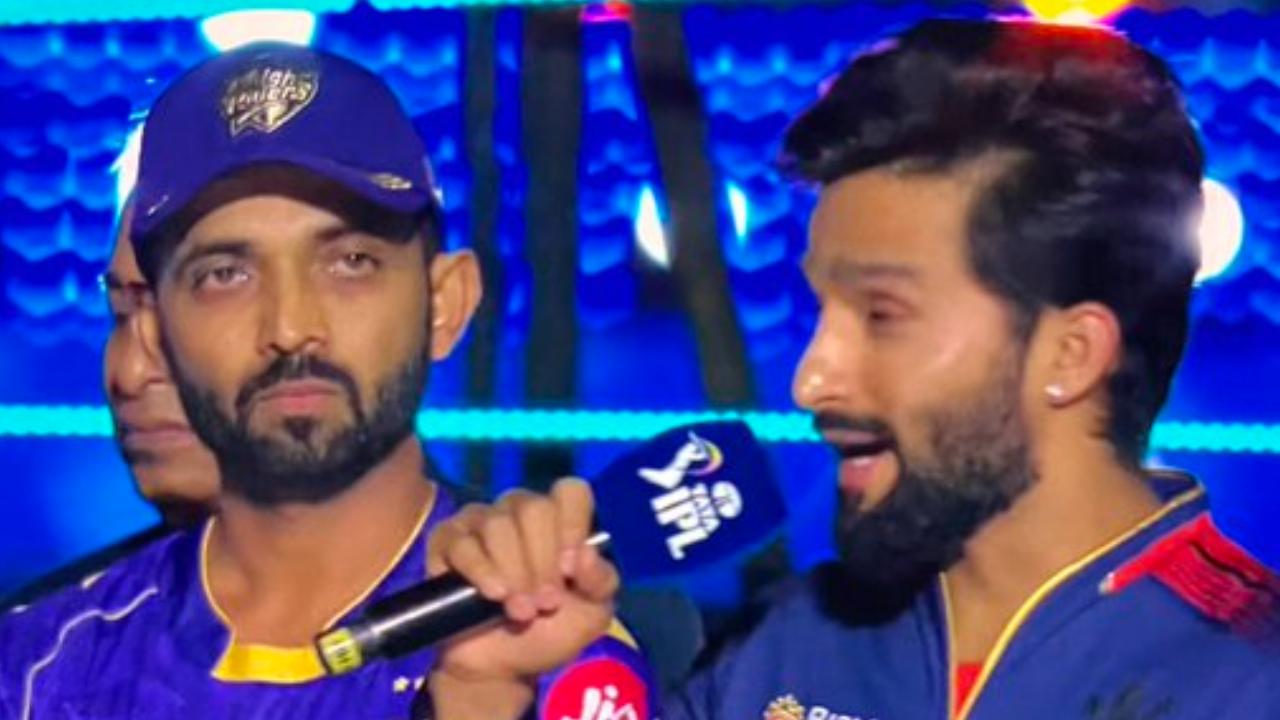 The IPL 2025 trophy entered the ground on the wheels with two captains, Ajinkya Rahane (KKR) and Rajat Patidar (RCB)